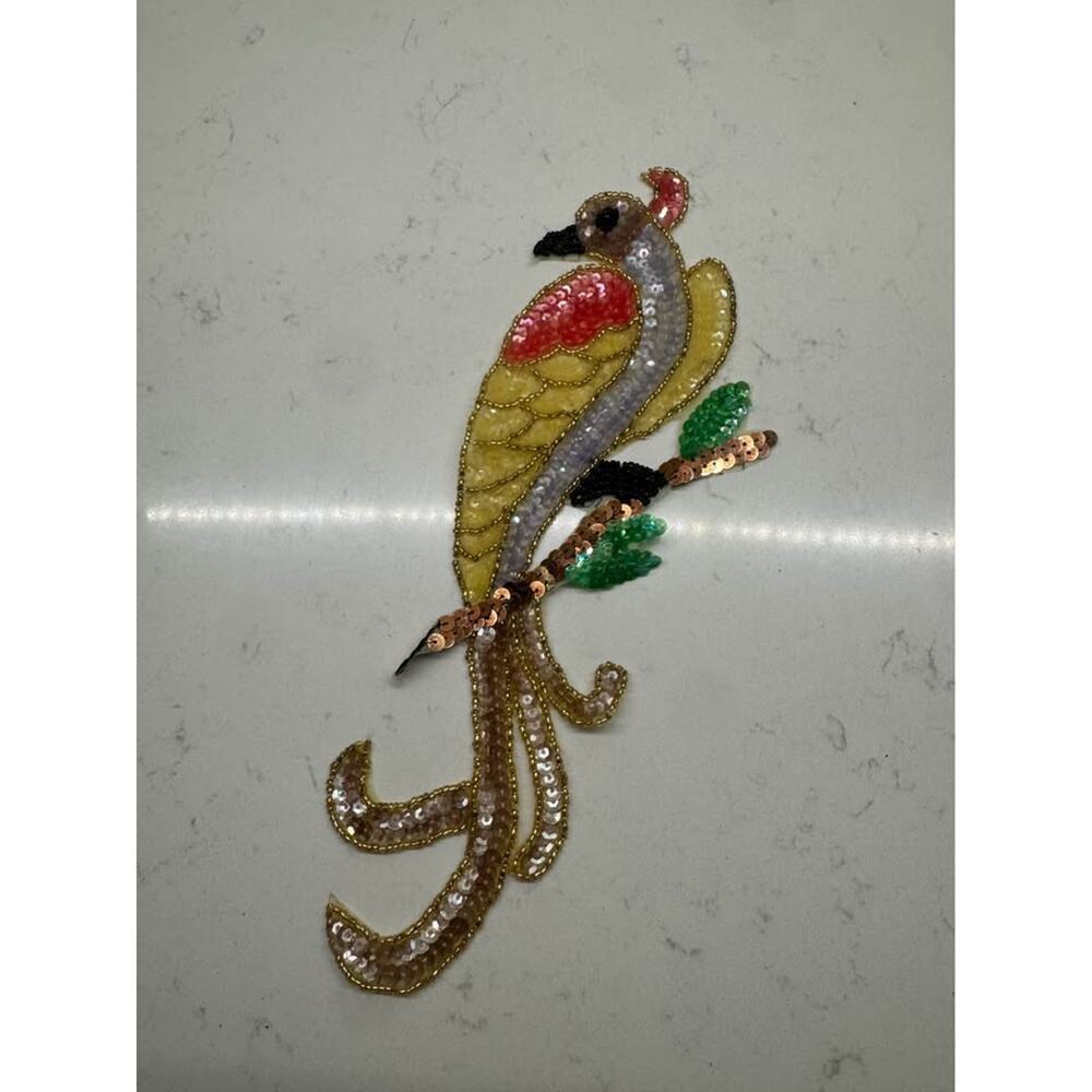 Vintage New Large Colorful Tropical Bird Peacock Sequin Appliqué Patch Craft